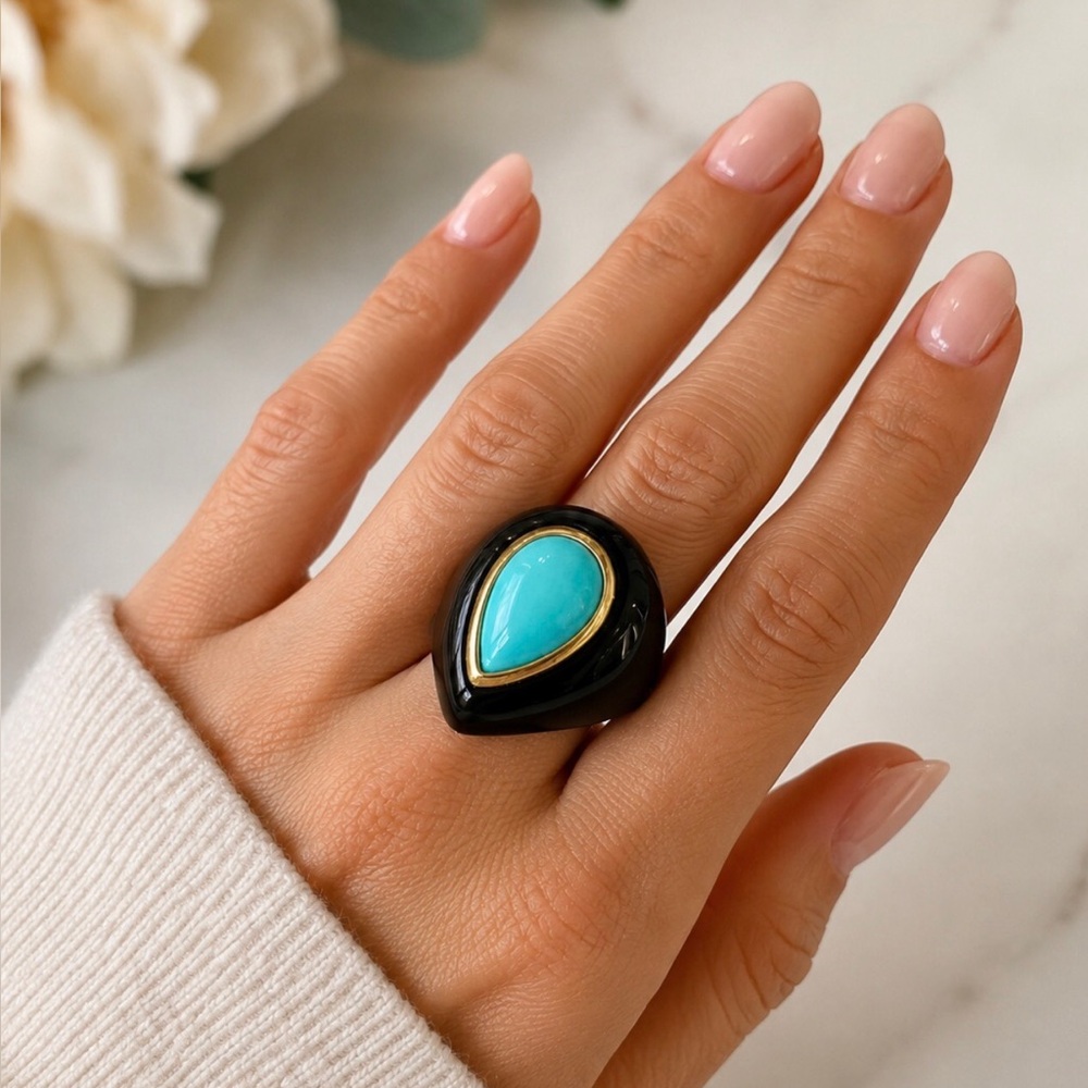 ONYX GOLD TURQUOISE STATEMENT RING SIZE 6